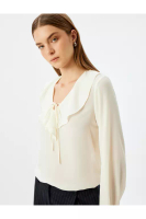 KOTON 長燈籠袖荷葉邊V領上衣