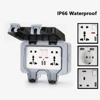 Wall outlet | International universal IP66 waterproof USB wall switch socket for outdoor use; UK/EU/