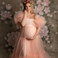 Graceful A Line Maternity Dress Boat Neck Off The Shoulder Ruffle Pleated Gestation Gowns For Photoshot Puffy Fluffy Customize