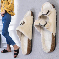 European fur one thick sole fur slippers for women autumn and winter wear 2024 new fashion belt buckle cotton shoes birkenstock