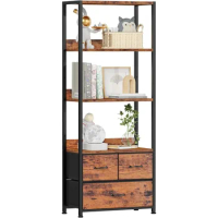 Furologee 59" Tall Bookcase Storage Shelf 4-Tier, Industrial Bookshelf Rack with 3 Fabric Storage Drawers, Wood Top for Photos