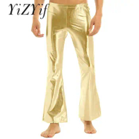Men's Flared Pants Shiny Metallic Retro 70s Disco Pants Patent Leather Bell Bottom Leggings Trousers Party Performance Costume