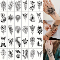 30 Temporary Tattoo Stickers, Black Butterfly Feather Wind Chime Wings Planet Spider Guitar Flower H
