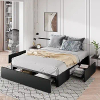 Full Size Platform Bed Frame with 3 Storage Drawers, Faux Leather Upholstered, Wooden Slats Support, Easy Assembly N29