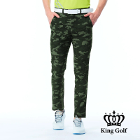 【KING GOLF】實體同步款-男款滿版迷彩印圖修身彈性休閒長褲/高爾夫球長褲(綠色)