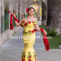 Elegant Mexican Charro Prom Party Dress Yellow Strapless 3D Floral Embroidered Satin Mermaid Party Dress Vestidos De Graduación