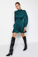 Trendyol Emerald Green Knitted Satin Dress with Flounces