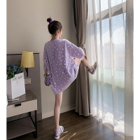 網紅ins超火短袖t恤女年新款夏季中長款韓版寬松紫色網紗上衣