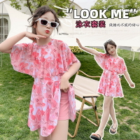 女童兩件式泳衣2023夏季新款兒童花朵裙式潛水服小女孩短袖防曬泳裝