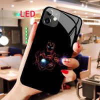Iron man Luminous Tempered Glass phone case For Apple iphone 12 11 Pro Max XS mini Acoustic Control Protect LED Backlight cover