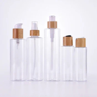 Hot Sales 120/150/300ml Clear PET Plastic Skin Care Toner Face Water Spray Emulsion Drop Bottles with Various Bamboo Wood Lids