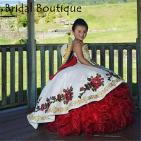 Embroidery Ball Gown Beaded Children Princess Dress Beauty Pageant Puffy Flower Girl Birthday Dress Photography Mexican Style