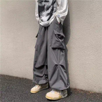 Harajuku Elastic Waist Big Pocket Cargo Pants Men Streetwear Spring Autumn Wide Leg Joggers Solid Color Oversize Baggy Y2k Pants