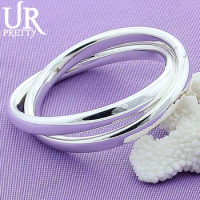 URPRETTY 925 Sterling Silver Double Circle Bangle Bracelet For Man Women Wedding Engagement Party Jewelry Halloween Gift