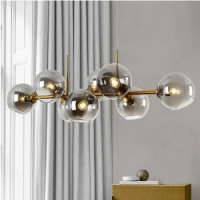 Nordic modern simple glass bubble chandelier restaurant kitche living room black gold creative personality magic bean Chandelier