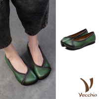 【Vecchio】真皮跟鞋 低跟跟鞋/全真皮頭層牛皮撞色滾邊舒適方頭低跟鞋(綠)