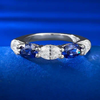 S925 Silver Oval 4 * 6 White Diamond Colored Tanzanian Blue Paired Diamond Ring Female European and American Instagram Style Cro