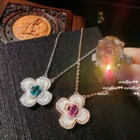 Women Sapphire Mother-of-Pearl Flower Necklace 18K Gold Plated Zirconia Ring