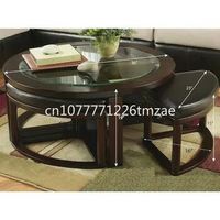 Solid wood glass top circular coffee table with 4 chairs
