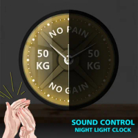NO PAIN NO GAIN 50KG Barbell Watch Modern Design Weight Lifting Dumbbell Bodybuilding Sound Activated Wall Clock Night Light