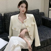 Outer wanita Tweed crop putih/hitam Korea - Blazer Chic kancing emas tanpa kerah elegan M607