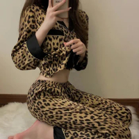 Women's Leopard Print Pajama Set Summer Spring Ladies Sleepwear 2 Pcs with Pant Long Sleeve Korea Style Pyjama for Female