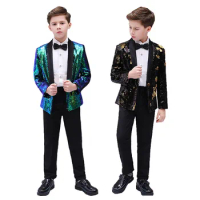 Boys Formal Turn Color-changing Sequin Suit Set child Stage Catwalk Piano Performance Host Costume Kid Blazer Bowtie Clothes Set