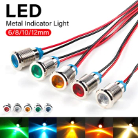 6mm-12mm LED Metal Indicator Light Waterproof Power Signal Lamp With Wire 12V 24V 110V 220V Red/Yellow/Blue/ Green Metal Button