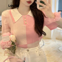 เสื้อครอปถักสั้น VES สำหรับผู้หญิง เสื้อครอปถักแขนสั้น คอปก ผ้าคาดเอว ตัดกัน ลำลอง ลำลอง lna14008 (ส