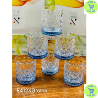 Bộ 6 cốc thủy tinh 5412XO hiện đai cao cấp nhiều mẫu, Bộ 6 Ly thủy tinh vân sóng xanh chịu nhiệt kèm