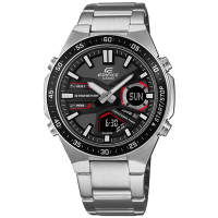 EDIFICE CASIO / 卡西歐 世界時間 十年電力 雙顯 防水 不鏽鋼手錶-黑紅色/47mm