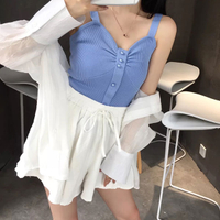 珍珠釦 大奶 皺折 背心 針織 T 粗肩帶 無袖 上衣 低胸 性感 爆乳 顯瘦 百搭 韓國 ANNA S.