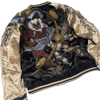 High Street Men Boys Thunder God Thor's Hammer Embroidered Sukajan Souvenir Jacket Vintage Loose Heavy Work Streetwear