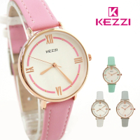 【KEZZI】K-1740 甜美清新奶油色優雅玫框皮帶錶
