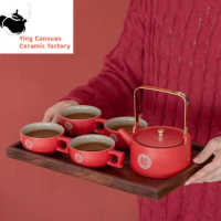 Chinese Red Wedding Ceramic Tea Set Teapot Wooden Tray Handmade Kettle Teacup Household Teaware Sets Accessories Luxury Gifts