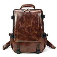 Men's Leather Backpack Vintage Fold Backpack, Backpack, Cowhide Student Bag, Oilskin Leisure Travel Bag