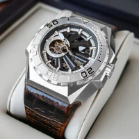 Reef Tiger Automatic Watch for Men Luminous Hands Skeleton Dial Tourbillon 100m Waterproof Sapphire Mechanical Wristwatch Reloj
