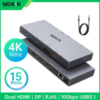 MOKiN HUB to USB Display Adaptor with Dual HDMI, DP, RJ45, SD/TF,Audio, PD100W, for MacBook iPad Docking Stations 10Gbps USB 3.1