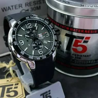 Jam Tangan Pria T5 9147W Chronograph Stopwatch Tali Rubber Kuat dan Elastis Kaca Safir Casing Stainl
