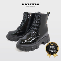 【Robinlo】帥氣全真牛漆皮綁帶厚底短靴中筒靴機車靴馬汀靴ELIANA(極簡黑)
