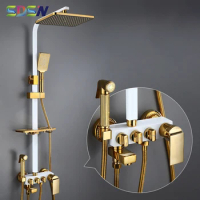 White Gold Shower Set SDSN Solid Brass Digital Bathroom Shower System 10 Inch Rainfall Shower Head Thermostatic Shower Set
