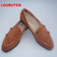 LOUBUTEN Classic Fashion Monk Strap Loafers Luxury Handcrafted Men Suede Shoes Leather Men's Flats Summer Casual Shoes