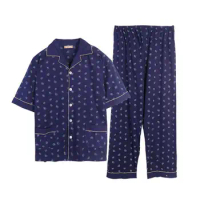 Free Shipping Men's Short Sleeve Turn-dow Collar Sleepwear Set Soft 100% Cotton Pajamas Nightgown Summer Homewear 5XL