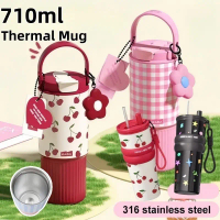 710ML 316 Stainless Steel Vacuum Flask Portable Cute Handheld Thermos Insulated Tumbler with Straw B