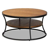Vintage Industrial Round Coffee Table with Walnut Brown Wood Top and Black Metal Frame 32"D x 32"W x 16.5"H Sled Base Shelf