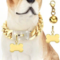 Gold Tone Dog Chain Collar Stainless Steel Cuban Link Chain Dog Collar with ID Tag and Bell for French Bulldog Pitbull 15/19mm
