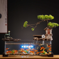 創意江南假山噴泉玻璃魚缸家居客廳玄關水族燈循環流水擺件裝飾