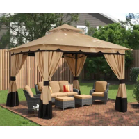 10'x10' Outdoor Gazebo Beach Tent Double Roof Patio Gazebo With Shade Curtains Canopy Beige Camping Sunshade Camping Tent