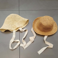 ins款兒童手工蕾絲系帶漁夫帽 夏季沙灘帽草帽盆帽寶寶海邊遮陽帽