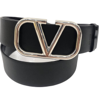 VALENTINO V Logo 黑漆皮/黑牛皮金屬銀釦雙面用皮革腰帶(黑x黑漆皮)